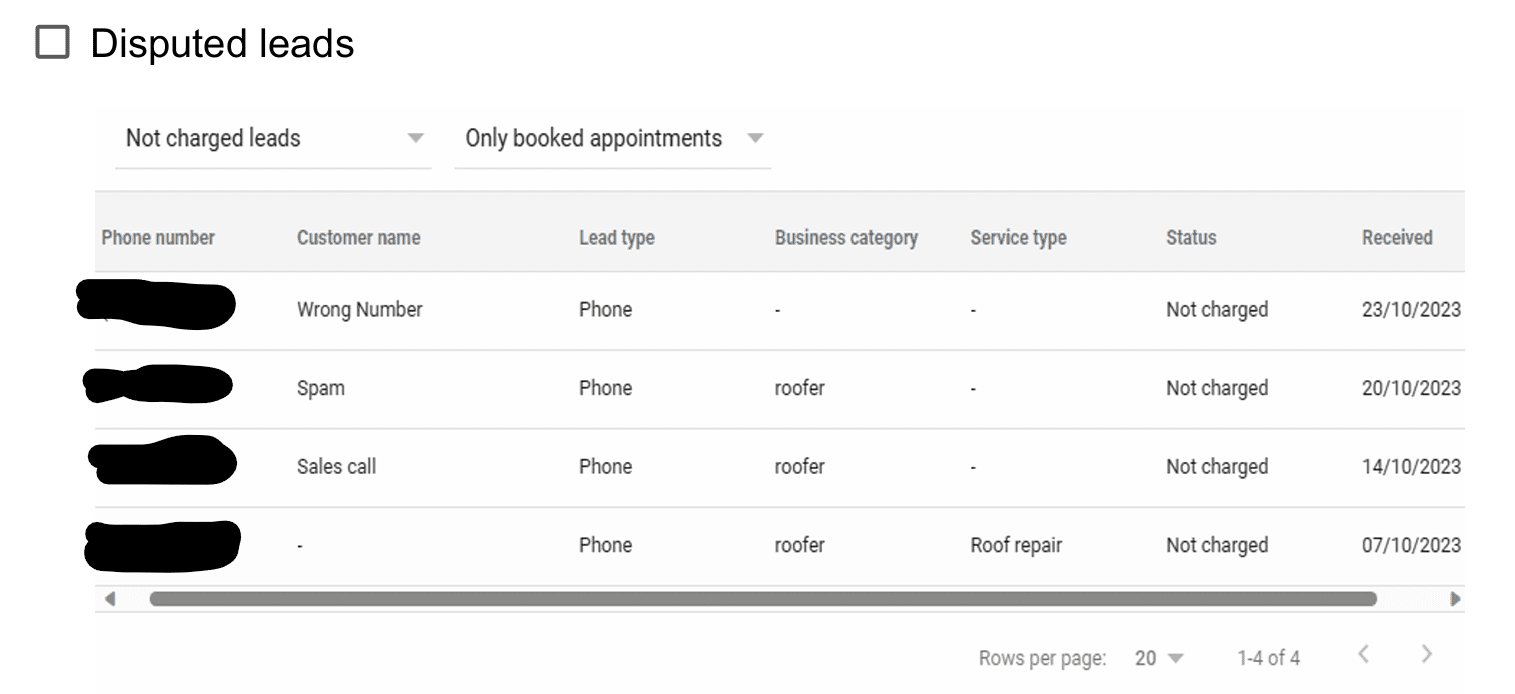 Google local Ads Platform Disputed Leads Screen Shot